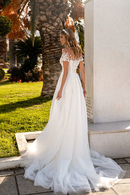 Romantic A-Line Wedding Dress with Glittery Corset, Floral Appliqués, and Train