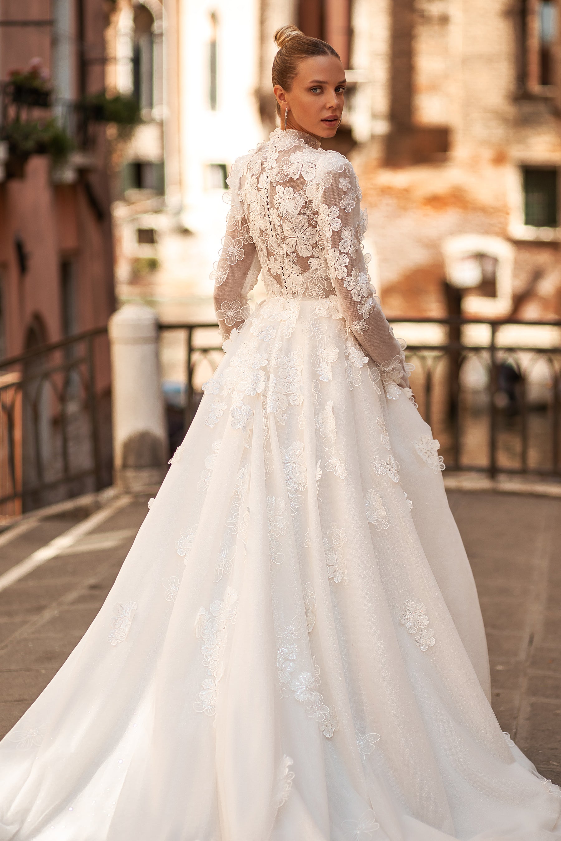 Elegant A-Line Cathedral Wedding Gown with 3-D Lace Top, High Neck, and Long Sleeves