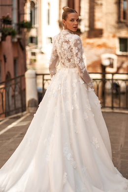 Elegant A-Line Cathedral Wedding Gown with 3-D Lace Top, High Neck, and Long Sleeves