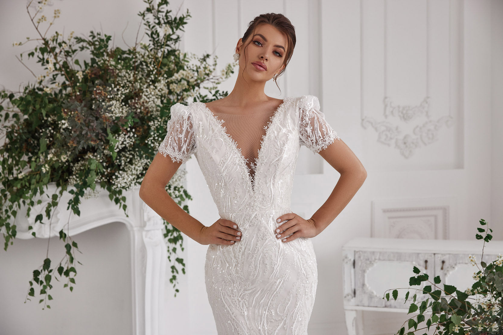Sheath Wedding Dress with Beaded Lace and Puff Sleeves