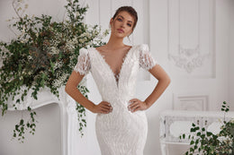 Sheath Wedding Dress with Beaded Lace and Puff Sleeves