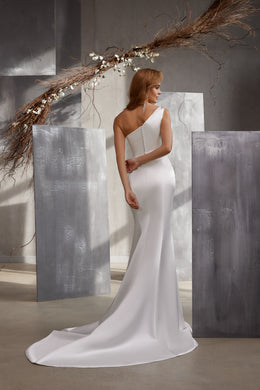 Satin Sheath Wedding Dress with One-Shoulder Cape