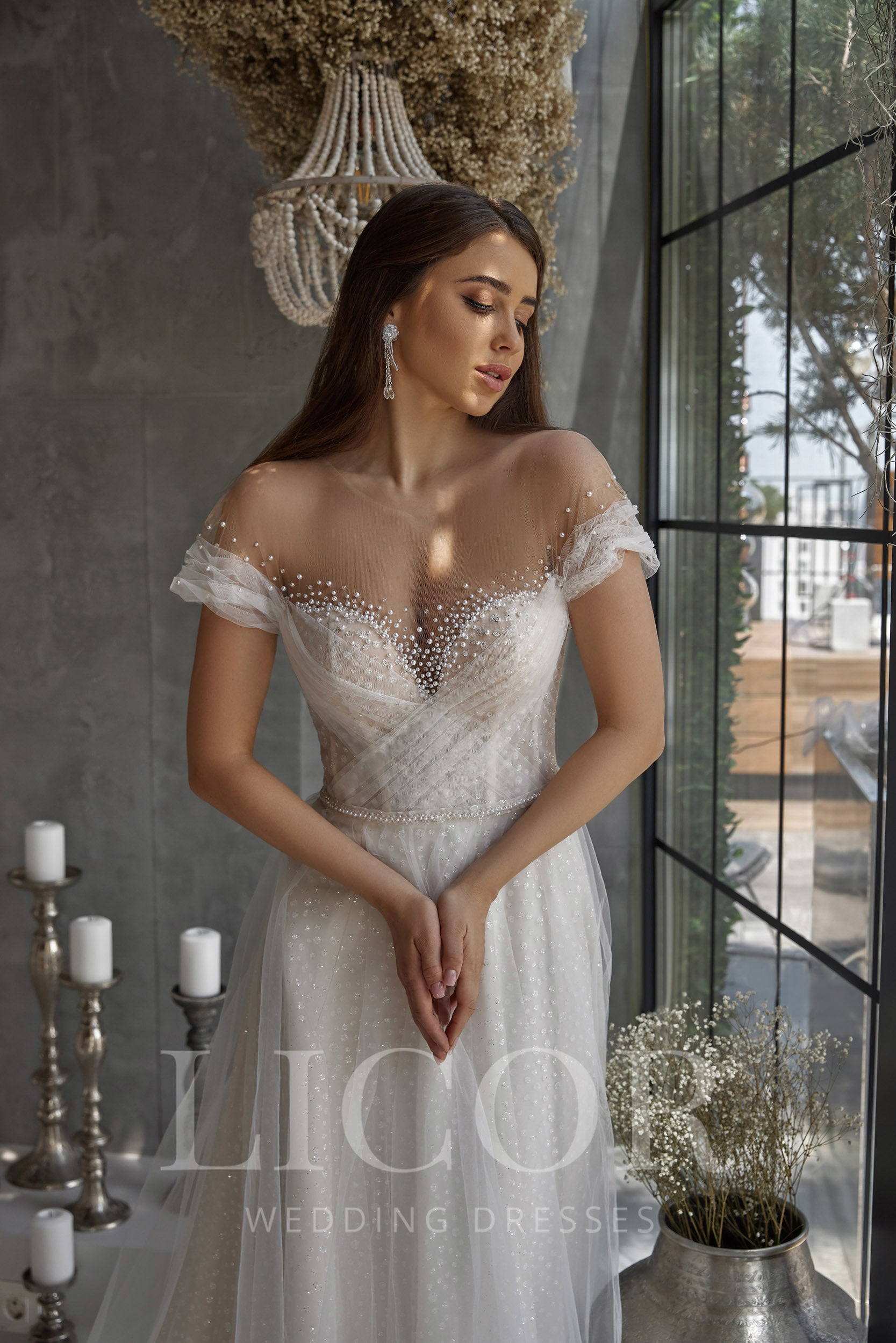 Romantic A-Line Off-the-Shoulder Tulle Wedding Dress with Pearl Beading, Crystals, Embroidery, Cathedral Train