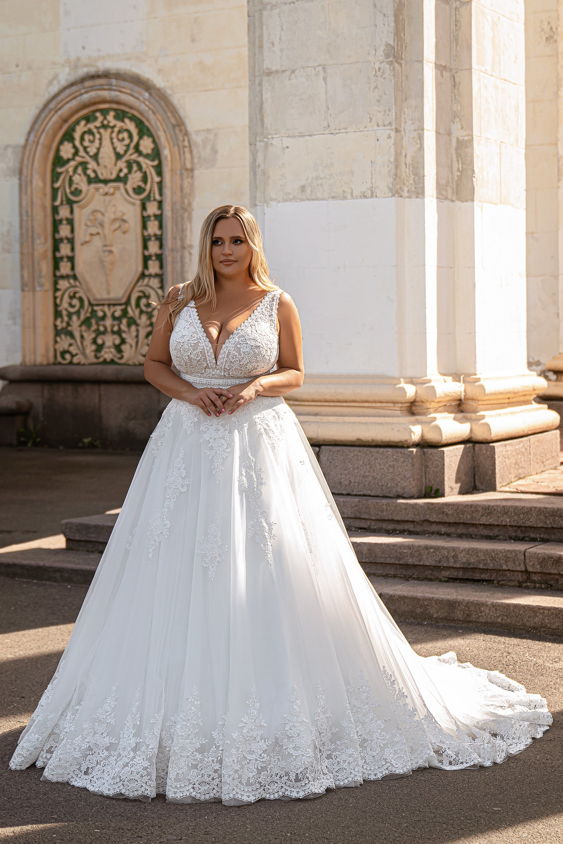A-Line Wedding Dress with Plunging V-Neck and Floral Lace Appliqués
