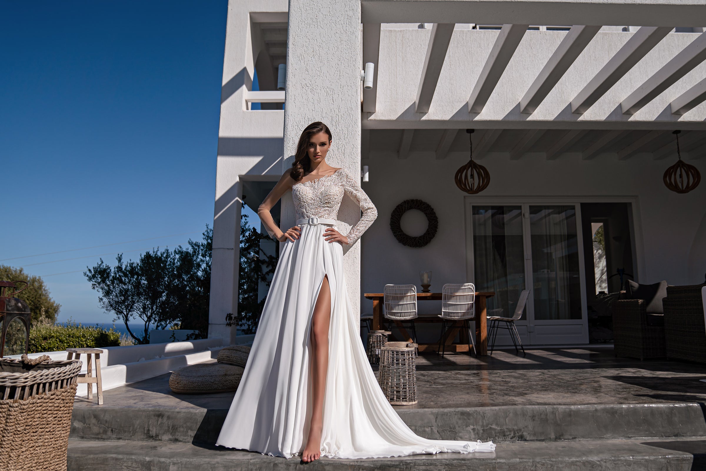 Asymmetric One-Shoulder Beaded Lace A-Line Wedding Dress with Slit