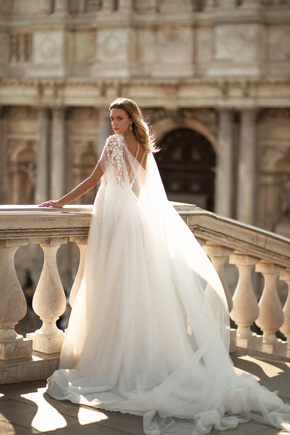 Elegant A-Line Wedding Dress with Tulle Long Wings, Beaded Deep V-Neck and Buttons Back