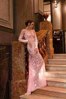 Blush pink evening dress with long sleeves, boat neckline, fitted silhouette, and shimmering floral overlay