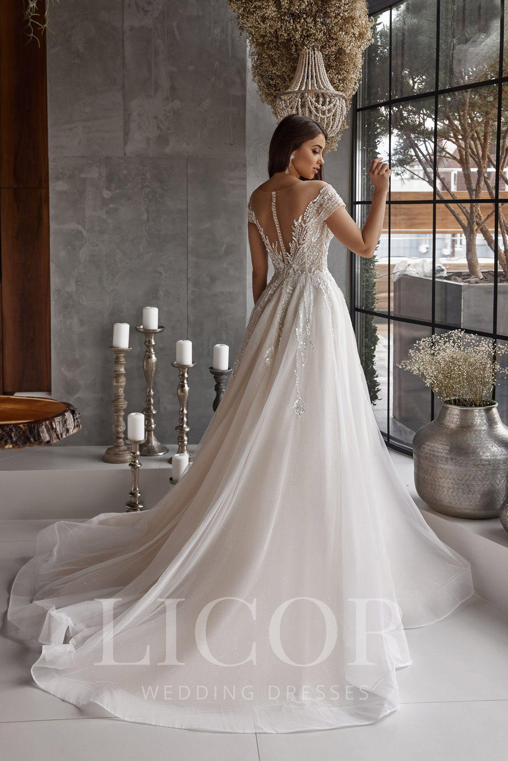 A-Line Wedding Dress With Lace Appliqués And Beading On Tulle, Illusion Off-The-Shoulder Neckline, Cathedral Train, Romantic Luxury
