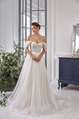 A-Line Wedding Dress with Off-the-Shoulder Sleeves and Sparkling Tulle