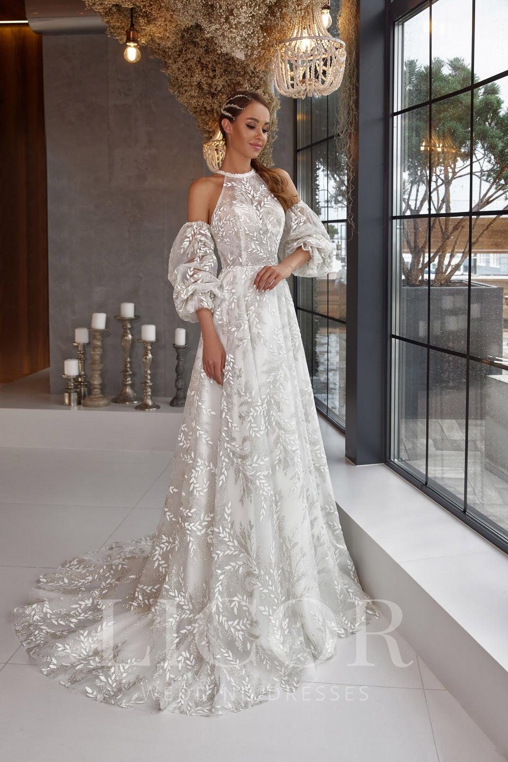 Romantic A-Line Wedding Dress with Floral Lace Appliqués, Illusion High Neckline, Sleeveless, Satin-Lined Tulle Skirt