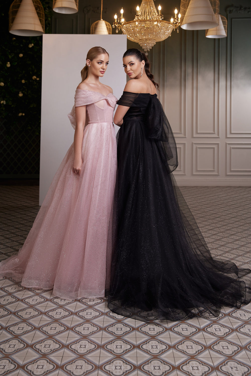 Off-Shoulder Prom Dress with Glitter Fabric and Bow Back