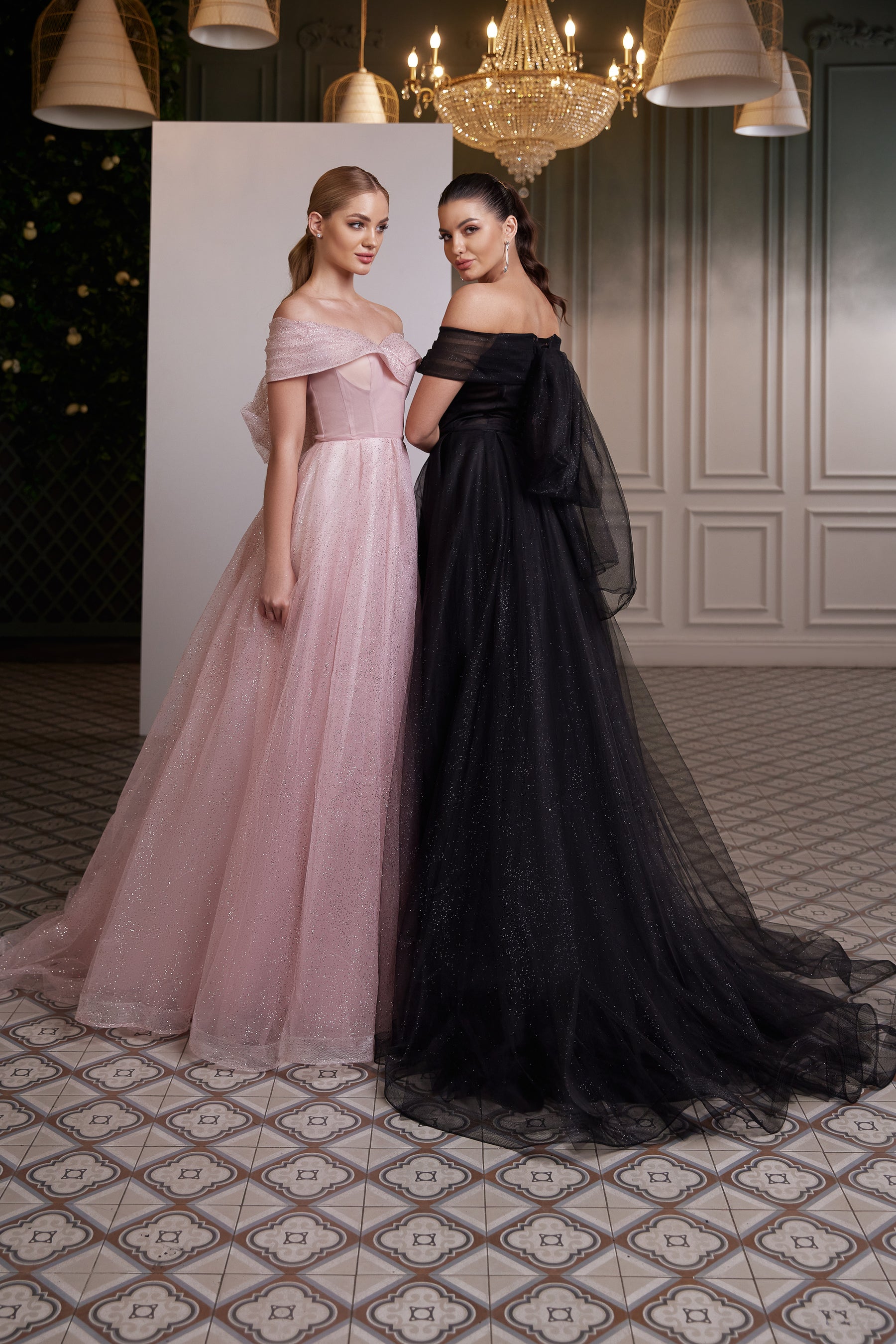 Off-Shoulder Prom Dress with Glitter Fabric and Bow Back