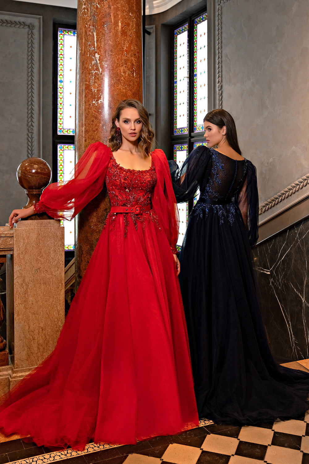Luxurious "Princess" Style Evening Dress with Long Sleeves, Fluffy Skirt, Translucent Corset, and Beaded Cuffs