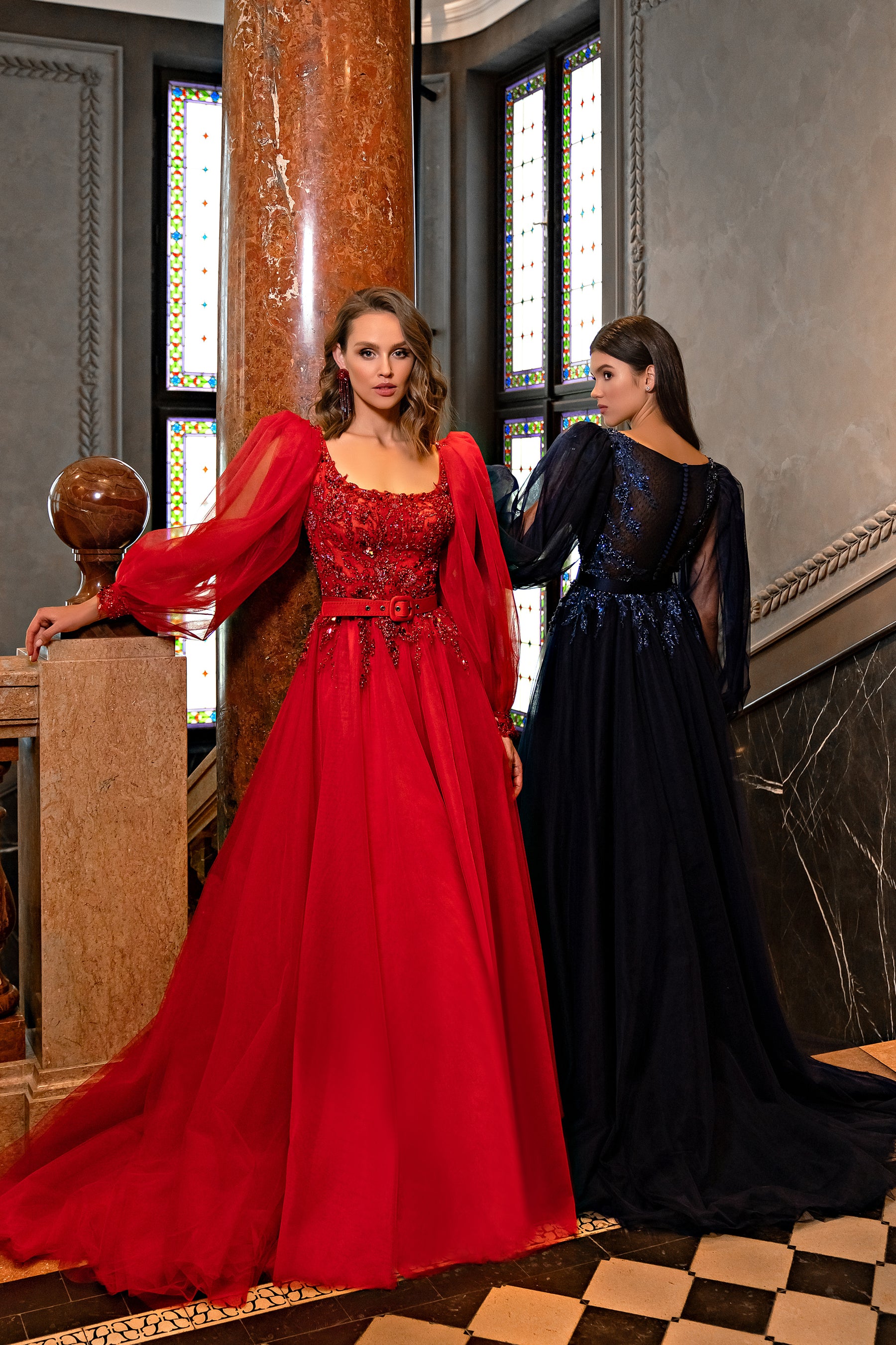 Luxurious "Princess" Style Evening Dress with Long Sleeves, Fluffy Skirt, Translucent Corset, and Beaded Cuffs