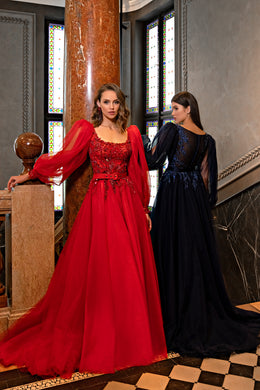 Luxurious "Princess" Style Evening Dress with Long Sleeves, Fluffy Skirt, Translucent Corset, and Beaded Cuffs