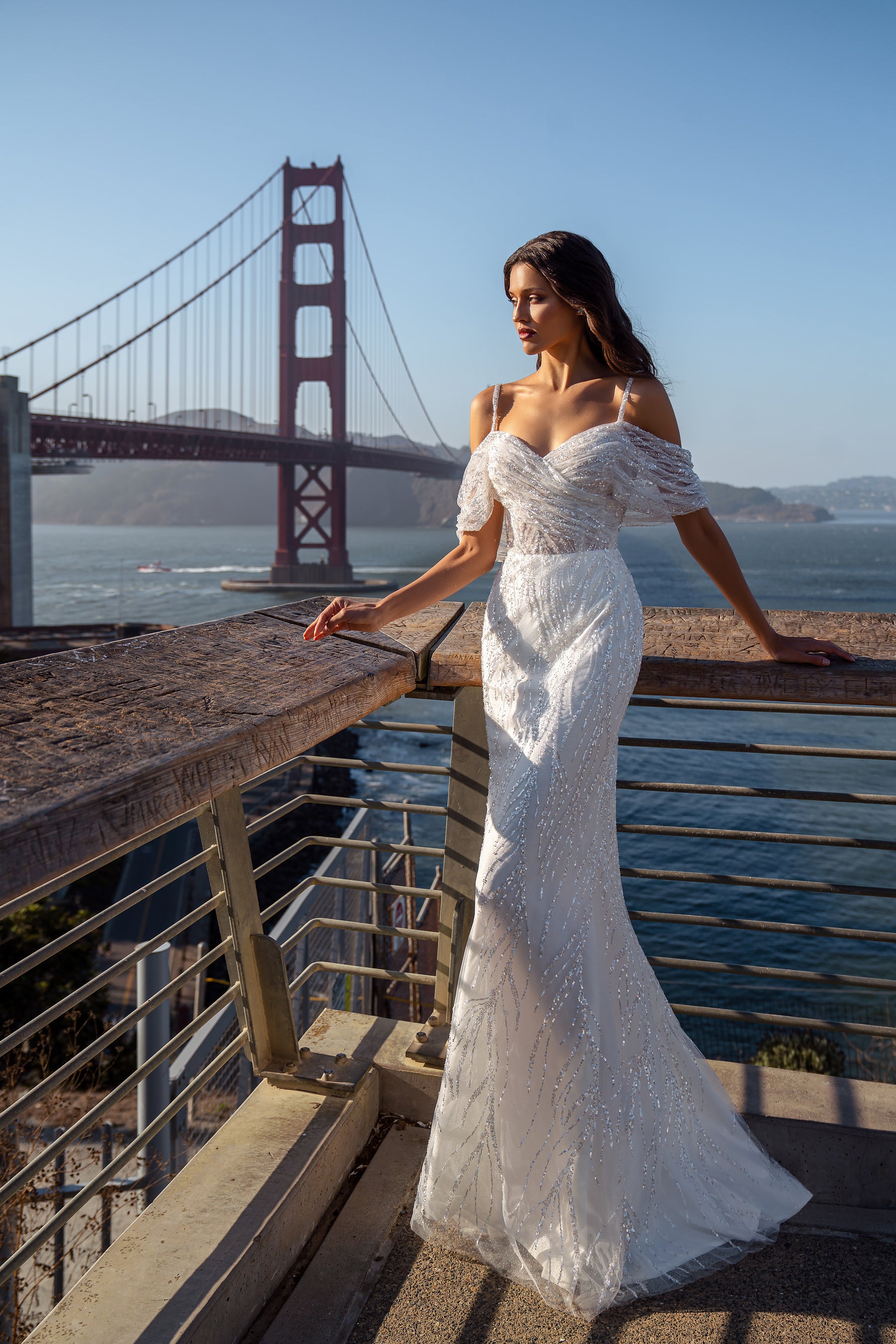 Sheath Wedding Dress with Off-the-Shoulder Draped Bodice