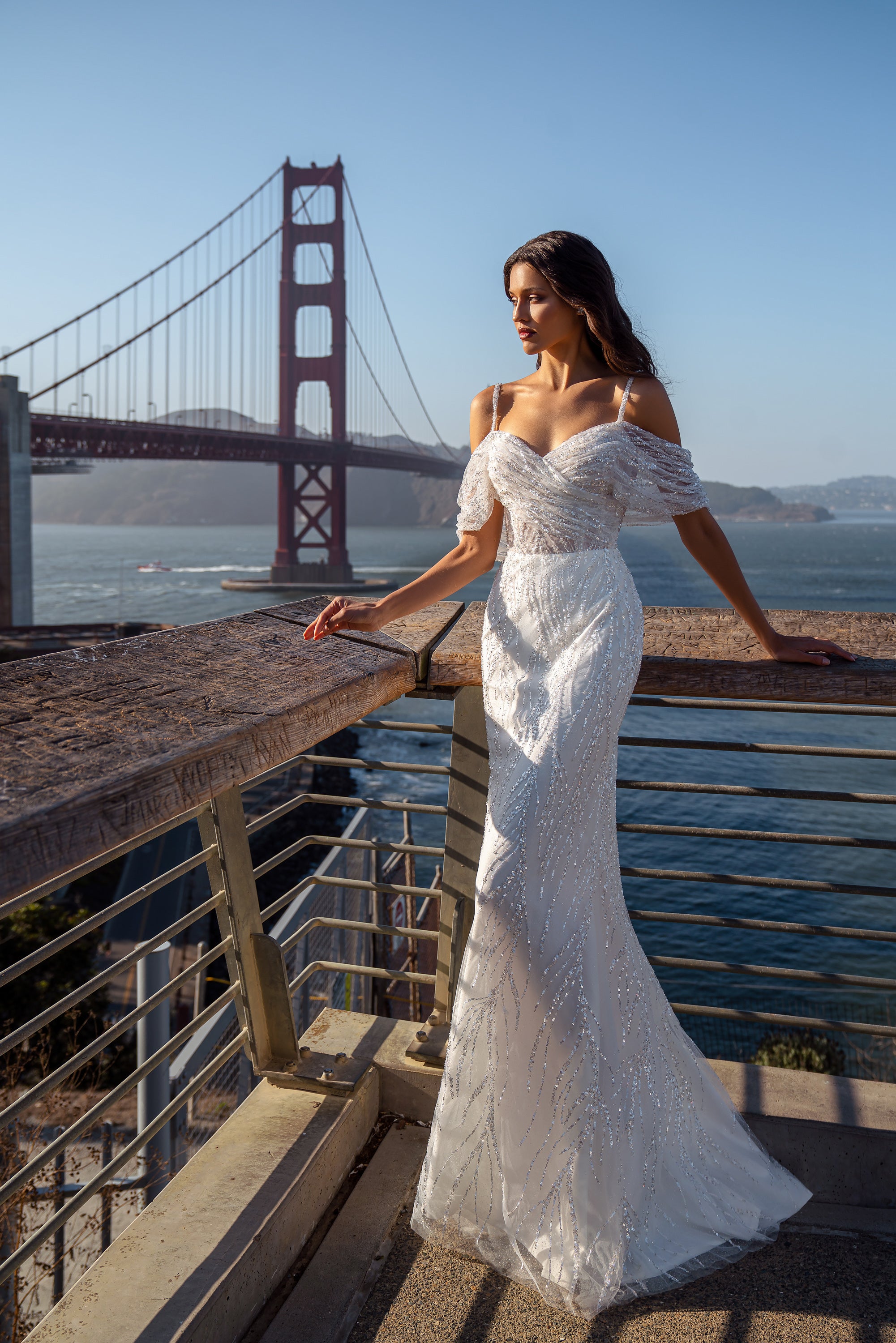Sheath Wedding Dress with Off-the-Shoulder Draped Bodice