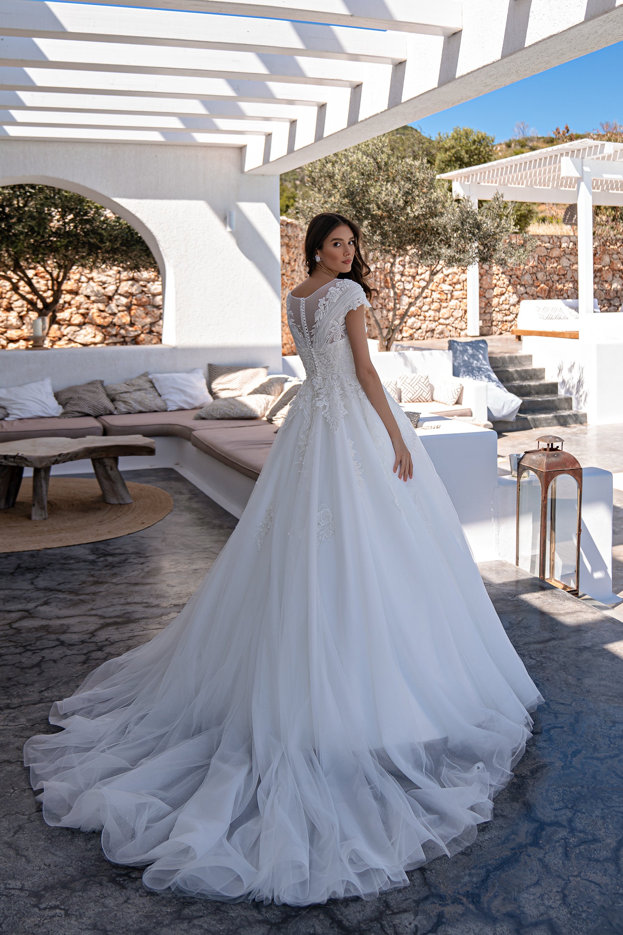 Romantic Princess Wedding Dress with Detachable Skirt & Train, Boat Neckline, Crystal Embroidery & Tulle Sparkle