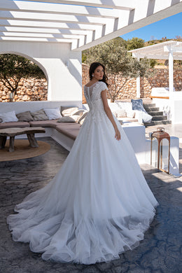 Romantic Princess Wedding Dress with Detachable Skirt & Train, Boat Neckline, Crystal Embroidery & Tulle Sparkle