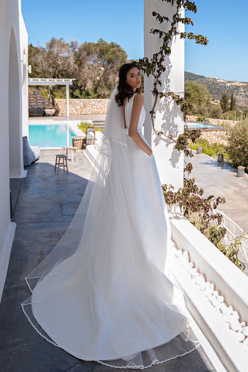 Minimalist Mikado A-Line Wedding Dress with Open Back and Pockets