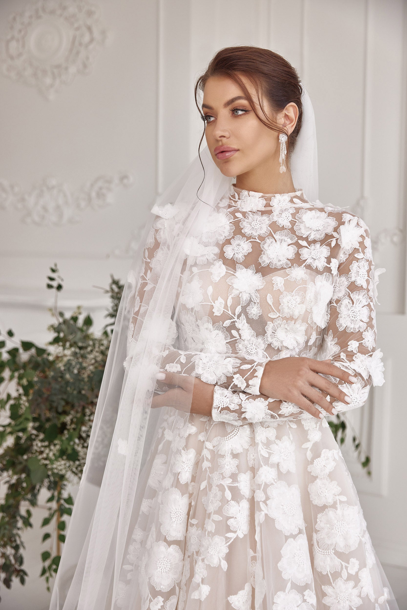 A-Line Wedding Dress with High Neck and 3D Floral Appliqués