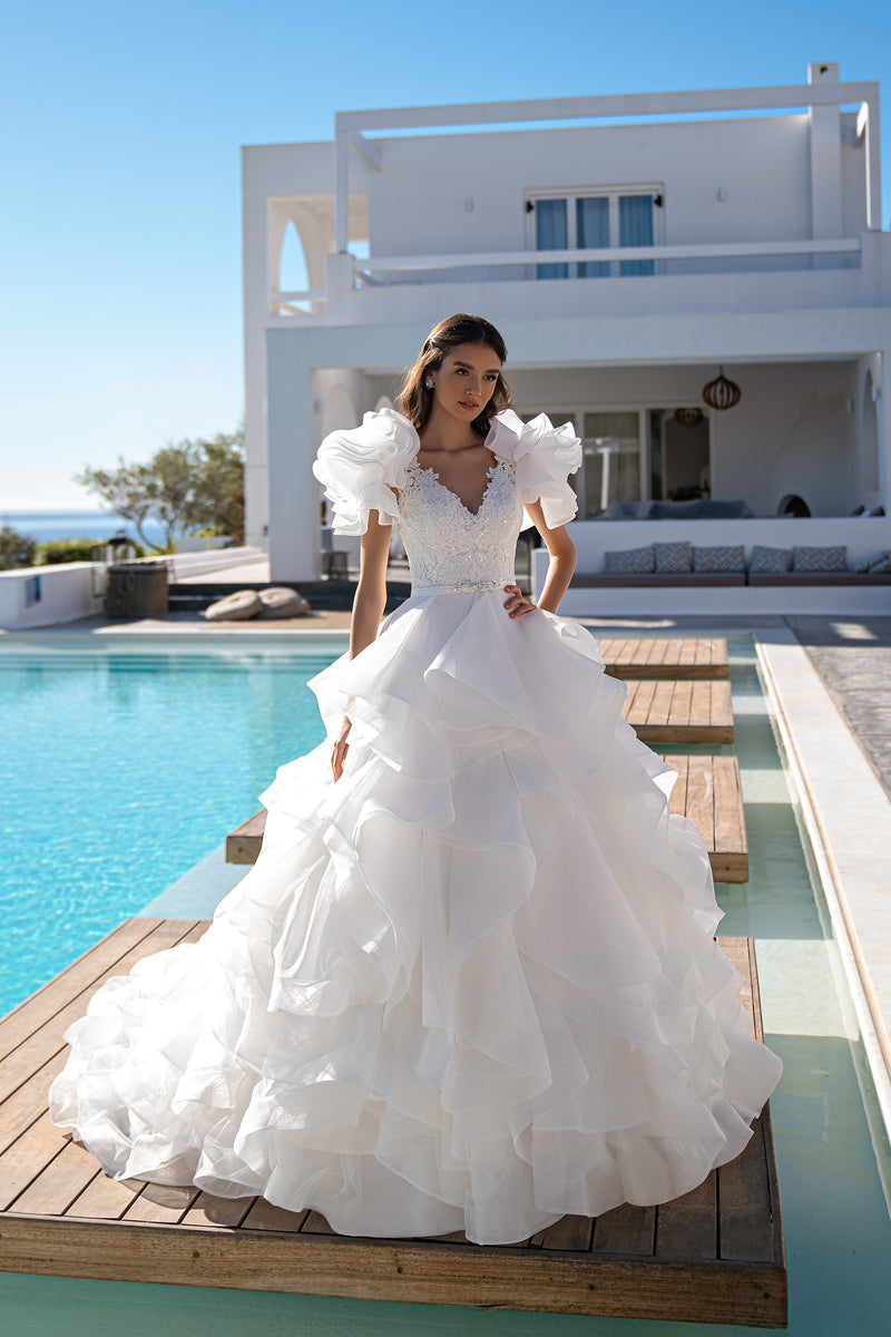 Ball Gown Wedding Dress with Detachable Organza Puff Sleeves