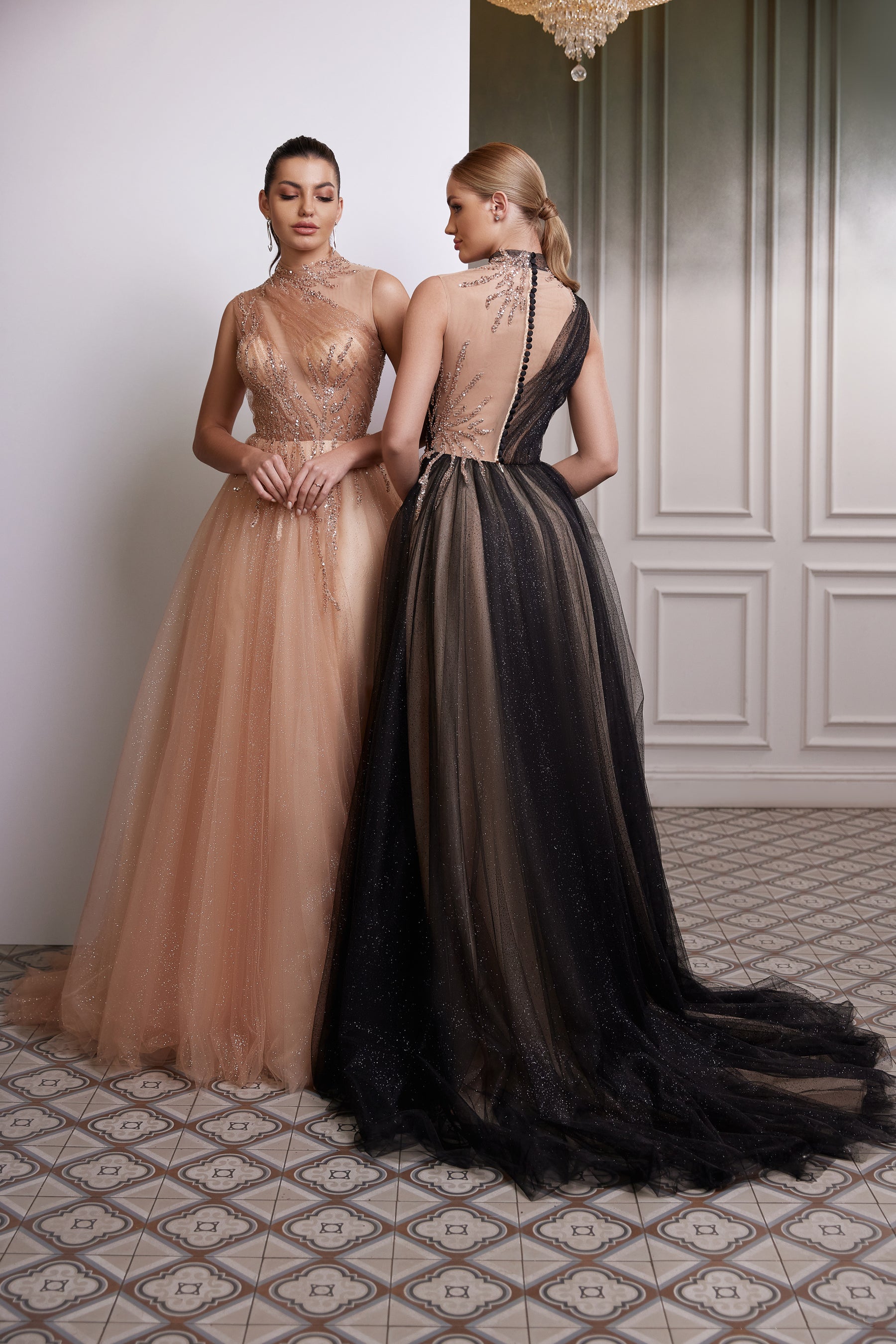 Black tulle evening dress with a sheer upper back, narrow button closure, and long flowing train