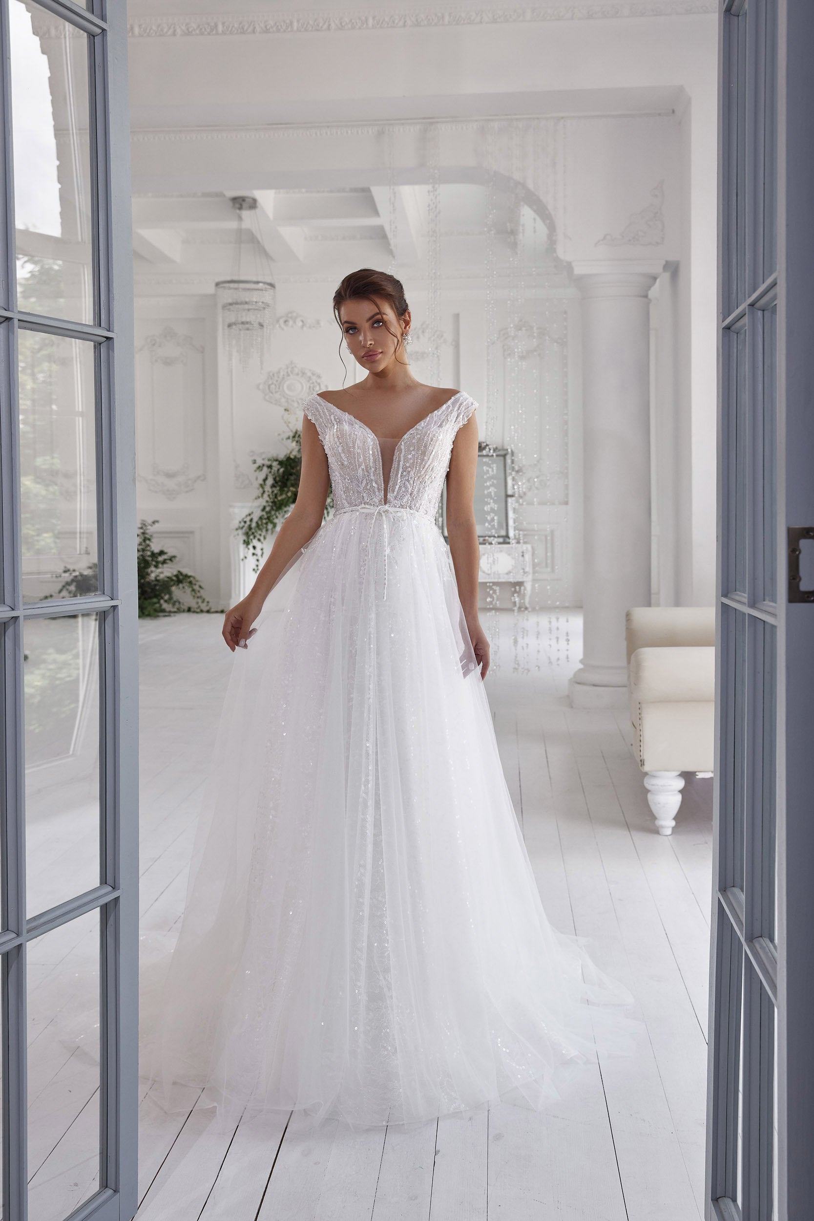 Sparkly A-Line Wedding Dress with Illusion V-Neckline