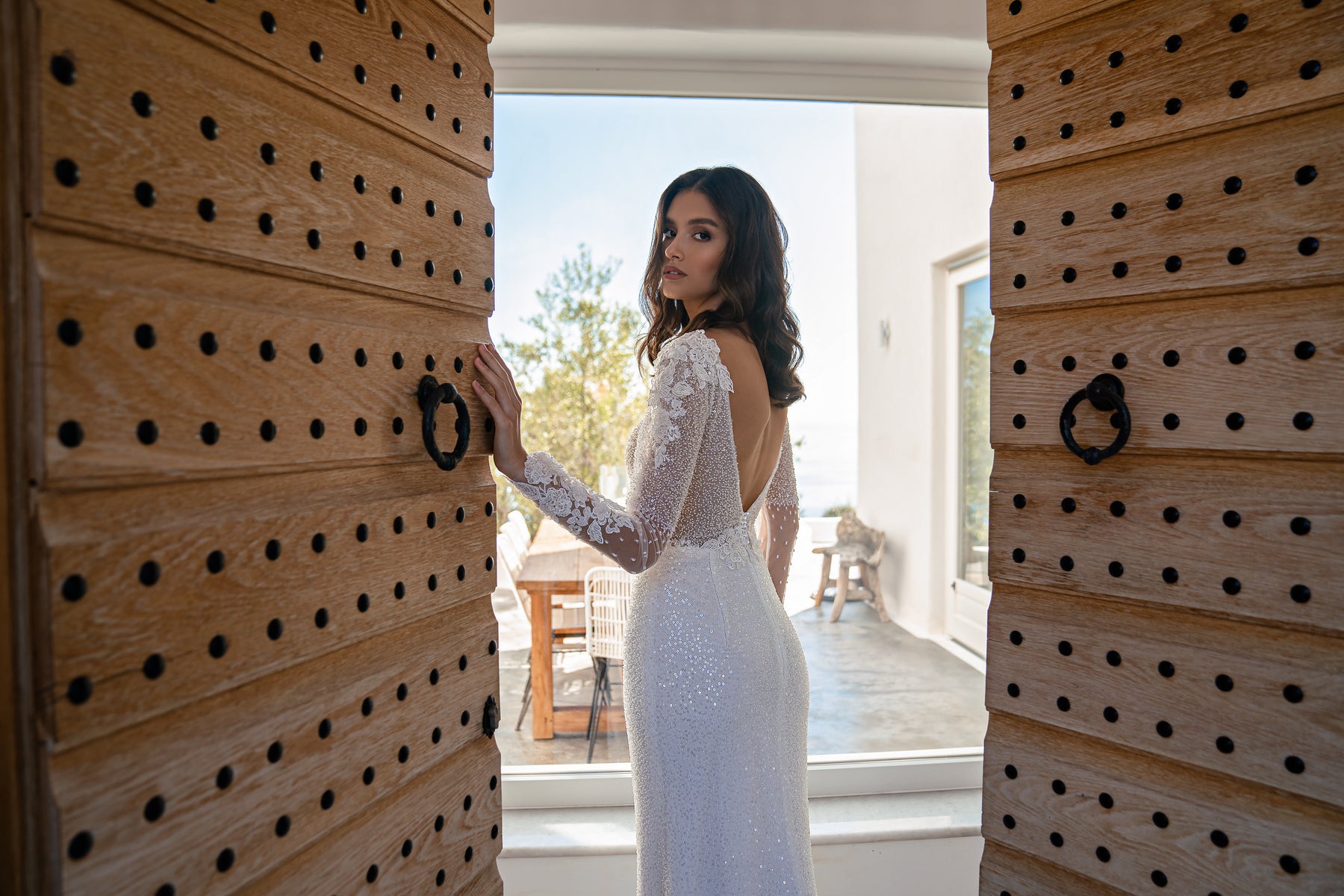 Sheath Wedding Dress with Long Sleeves and Beaded Lace