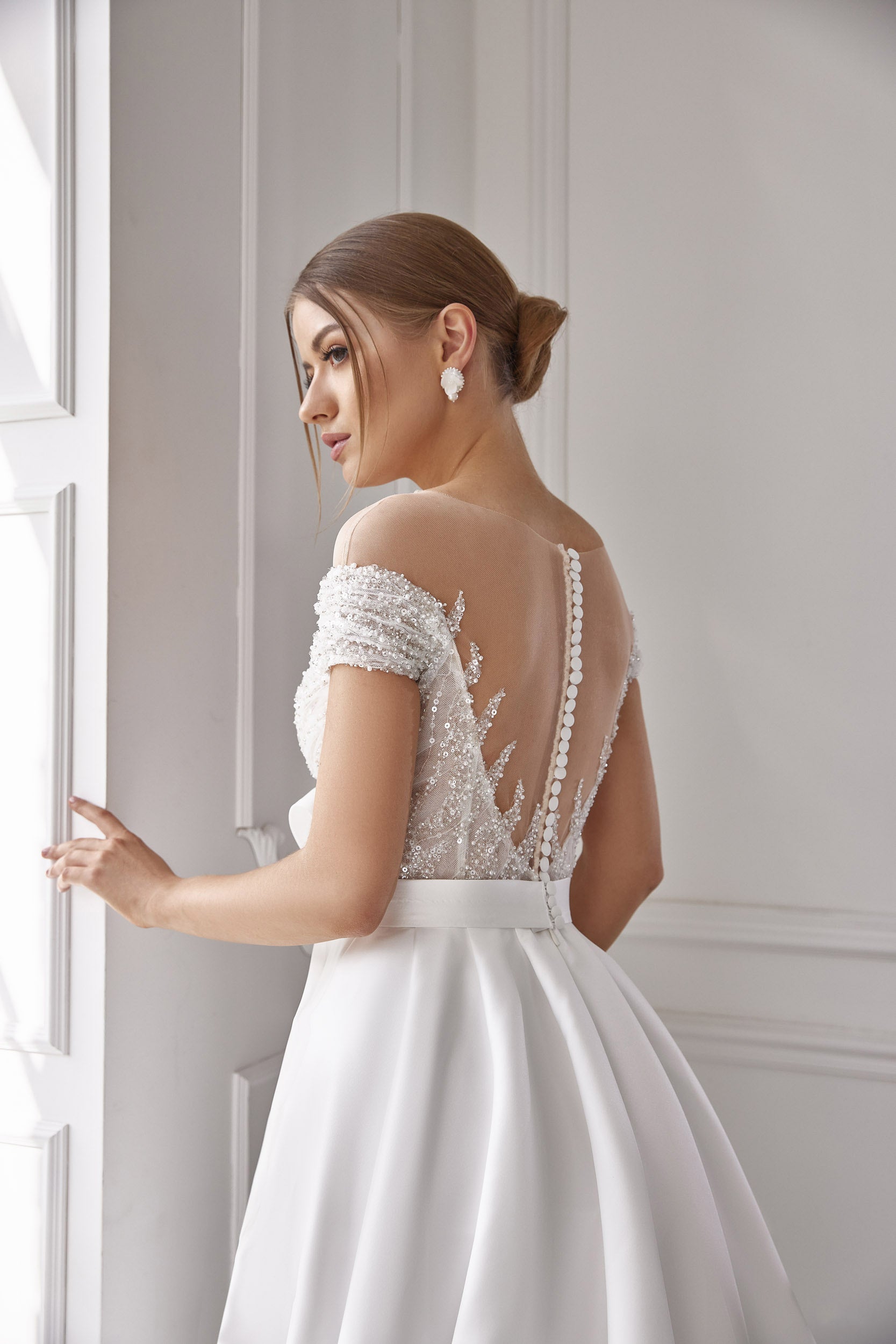 A-Line Satin Wedding Dress with Illusion Back and Off-Shoulder Bodice