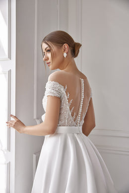 A-Line Satin Wedding Dress with Illusion Back and Off-Shoulder Bodice