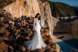 Mermaid Wedding Dress with Deep V-Neck and Flared Lace Sleeves