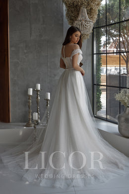 Romantic A-Line Off-the-Shoulder Tulle Wedding Dress with Pearl Beading, Crystals, Embroidery, Cathedral Train