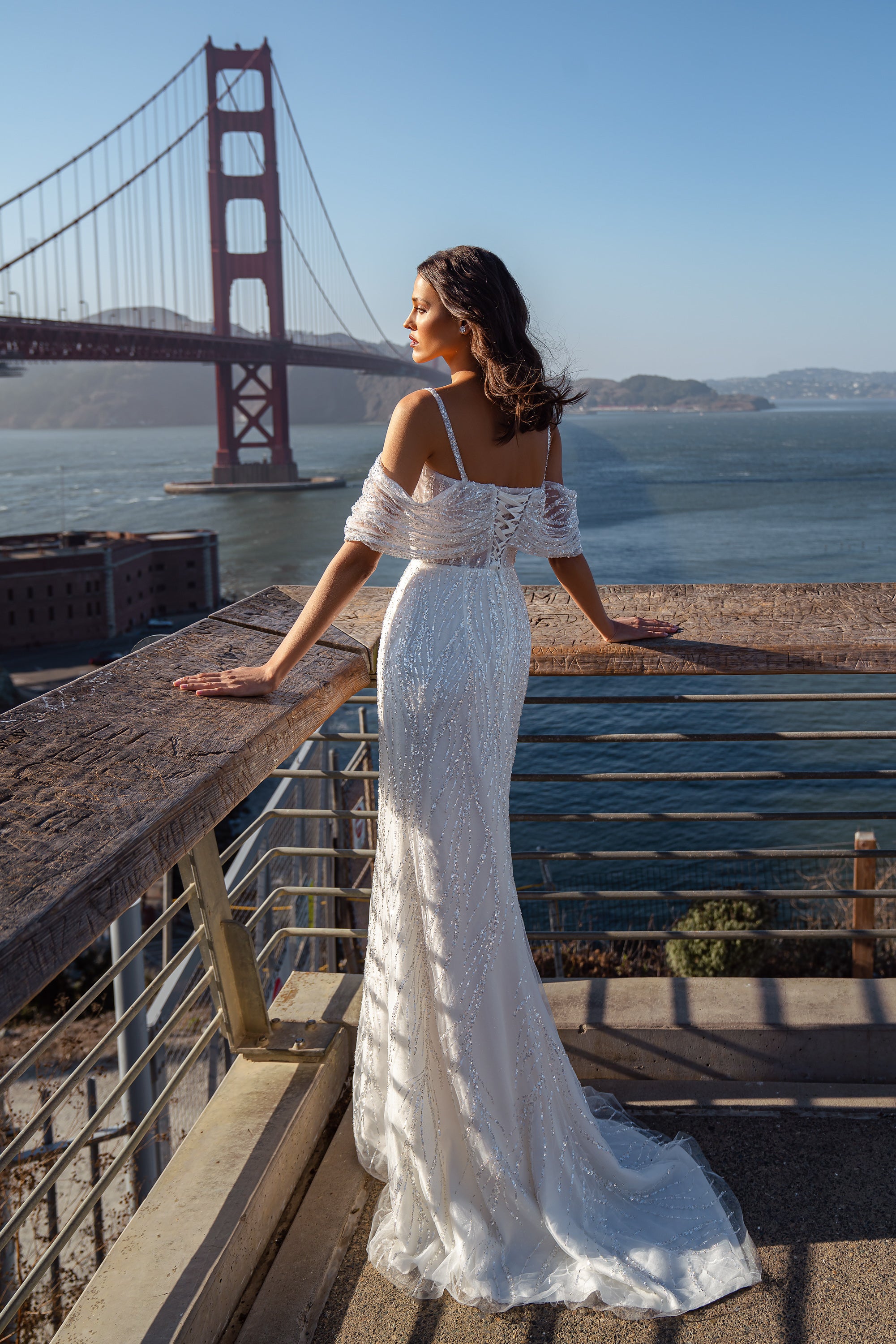 Sheath Wedding Dress with Off-the-Shoulder Draped Bodice