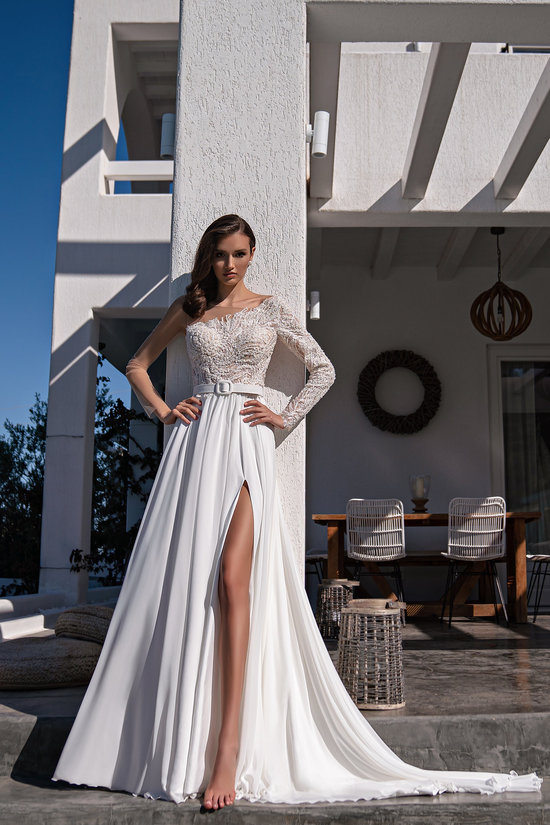 Asymmetric One-Shoulder Beaded Lace A-Line Wedding Dress with Slit