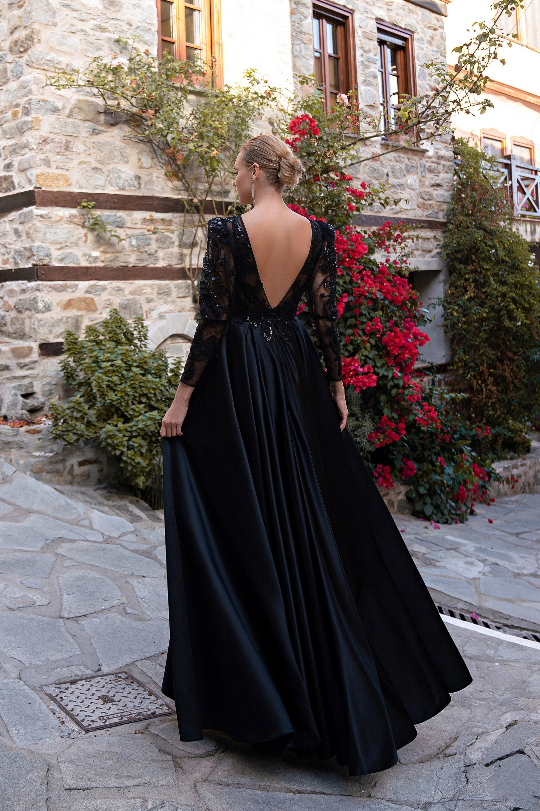 Women's Black Satin Party Dress with Long Sleeves and V-Back