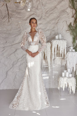 Romantic Mermaid Wedding Dress With Floral Lace Appliqués, Deep V-Neck Illusion, Long Lace Sleeves, Lace Overlay, Sweep Train