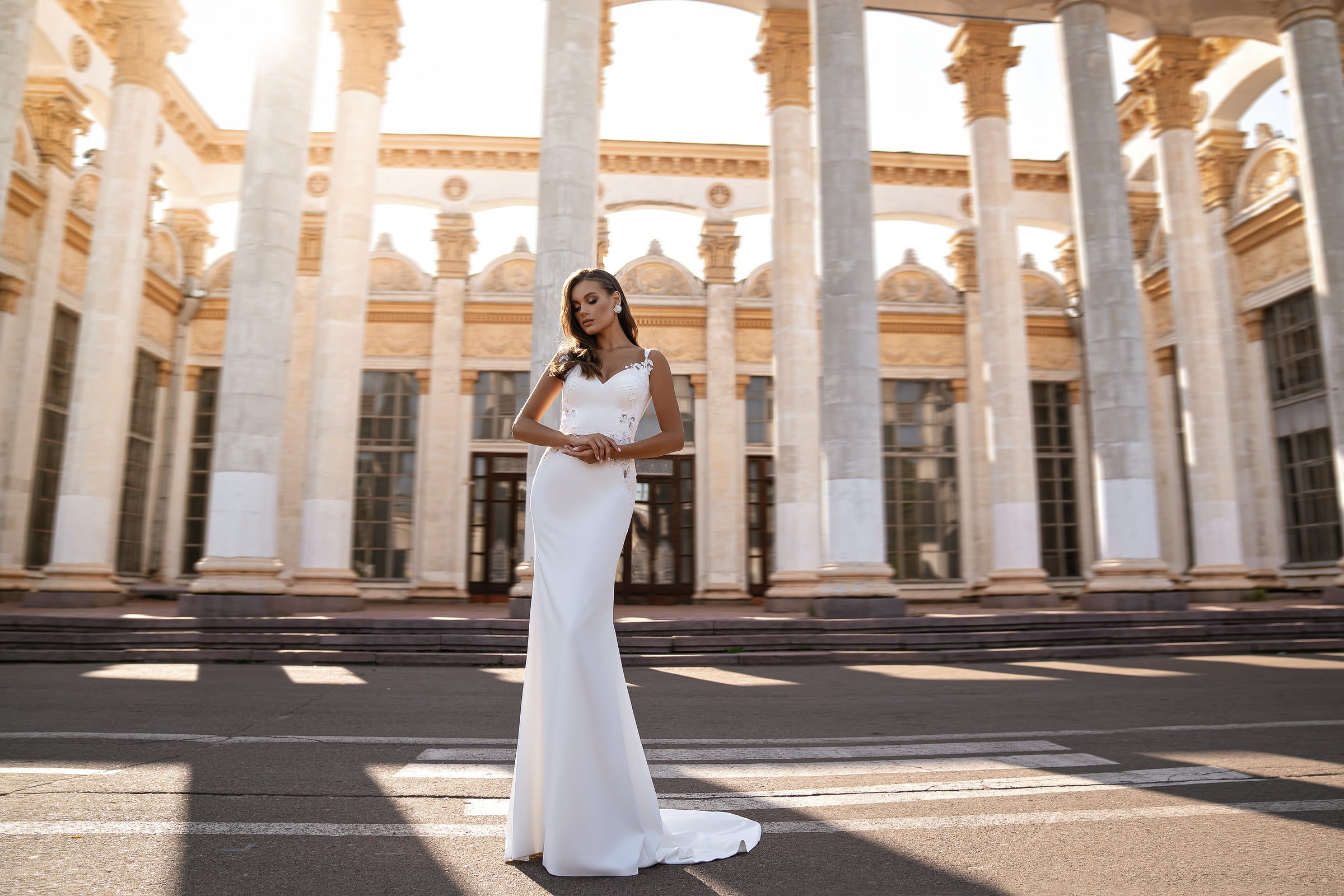 Sheath Wedding Dress with V-Neck and Draped Open Back