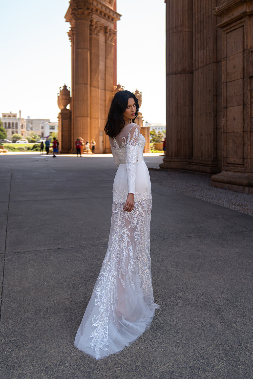 Designer Bridal Set - Mermaid Silhouette Dress w/ Long Sleeves, Detachable Train, Bâteau Neckline, Removable Belt, Stretch Crepe, Translucent Net, Guipure, Beads & Sequins