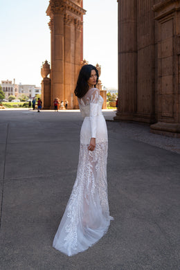 Designer Bridal Set - Mermaid Silhouette Dress w/ Long Sleeves, Detachable Train, Bâteau Neckline, Removable Belt, Stretch Crepe, Translucent Net, Guipure, Beads & Sequins
