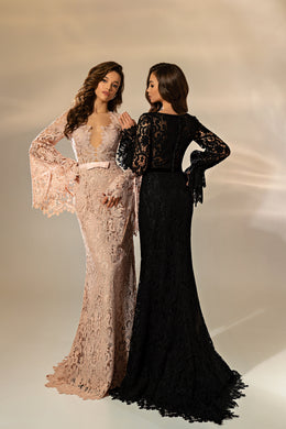 Romantic Lace Mermaid Evening Dress with Train, Deep Neckline, Flared Sleeves, Velvet Ribbon & Macrame Guipure Elements