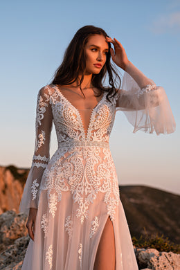 A-Line Wedding Dress with Floral Lace, Flared Sleeves and Slit