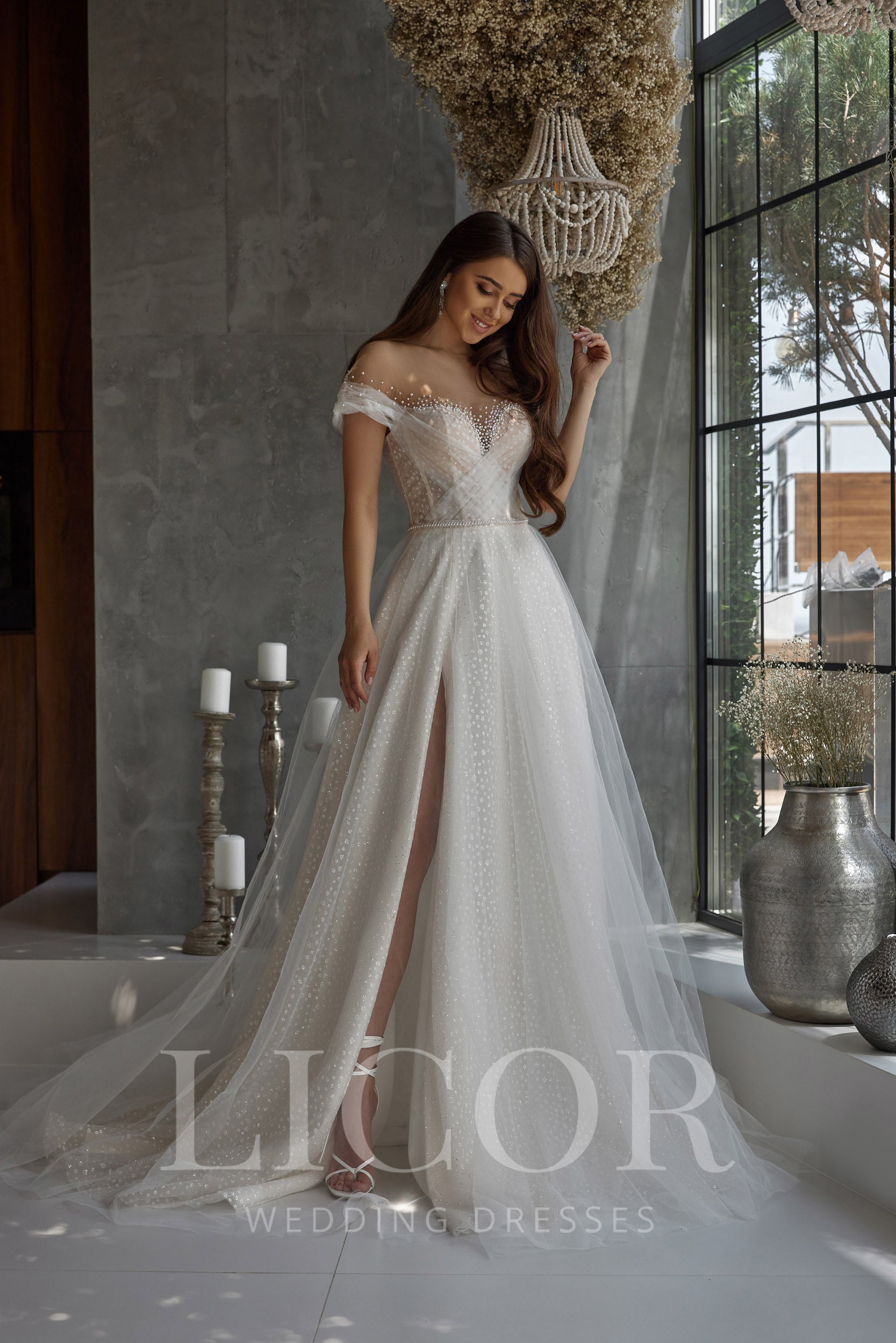 Romantic A-Line Off-the-Shoulder Tulle Wedding Dress with Pearl Beading, Crystals, Embroidery, Cathedral Train