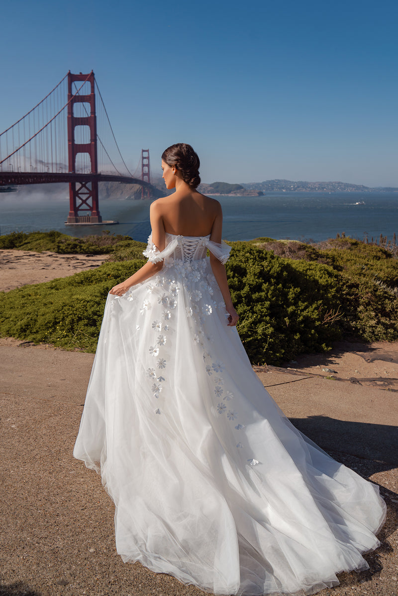 A-Line Wedding Dress with 3D Floral Appliqués and Detachable Sleeves
