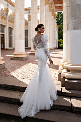 Mermaid Wedding Dress with Illusion Neckline and Floral Lace Appliqués