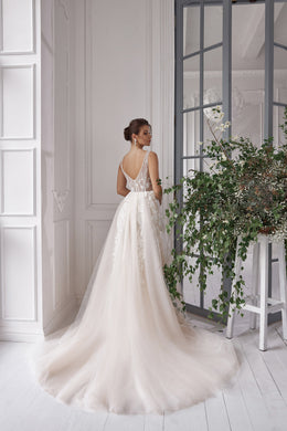 A-Line Wedding Dress with Floral Lace Appliqués and Slit
