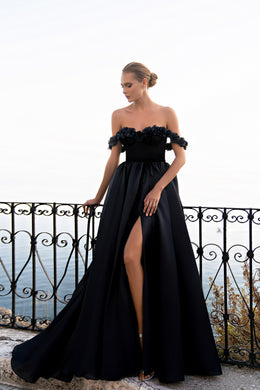 Women's Off-the-Shoulder Satin Prom Dress with Slit and 3D Flowers