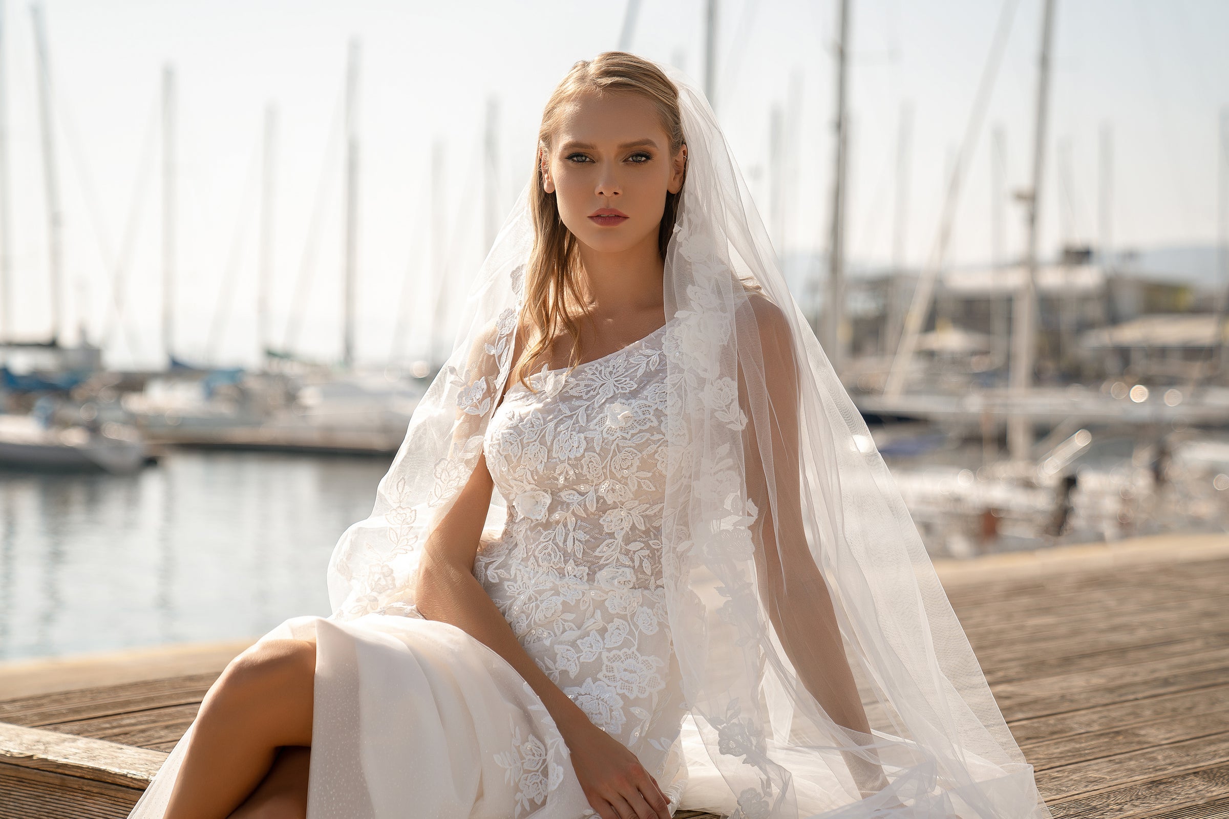 Romantic One-Shoulder Wedding Dress with Embroidered Guipure, Sequins, and Floral Lace Appliqués