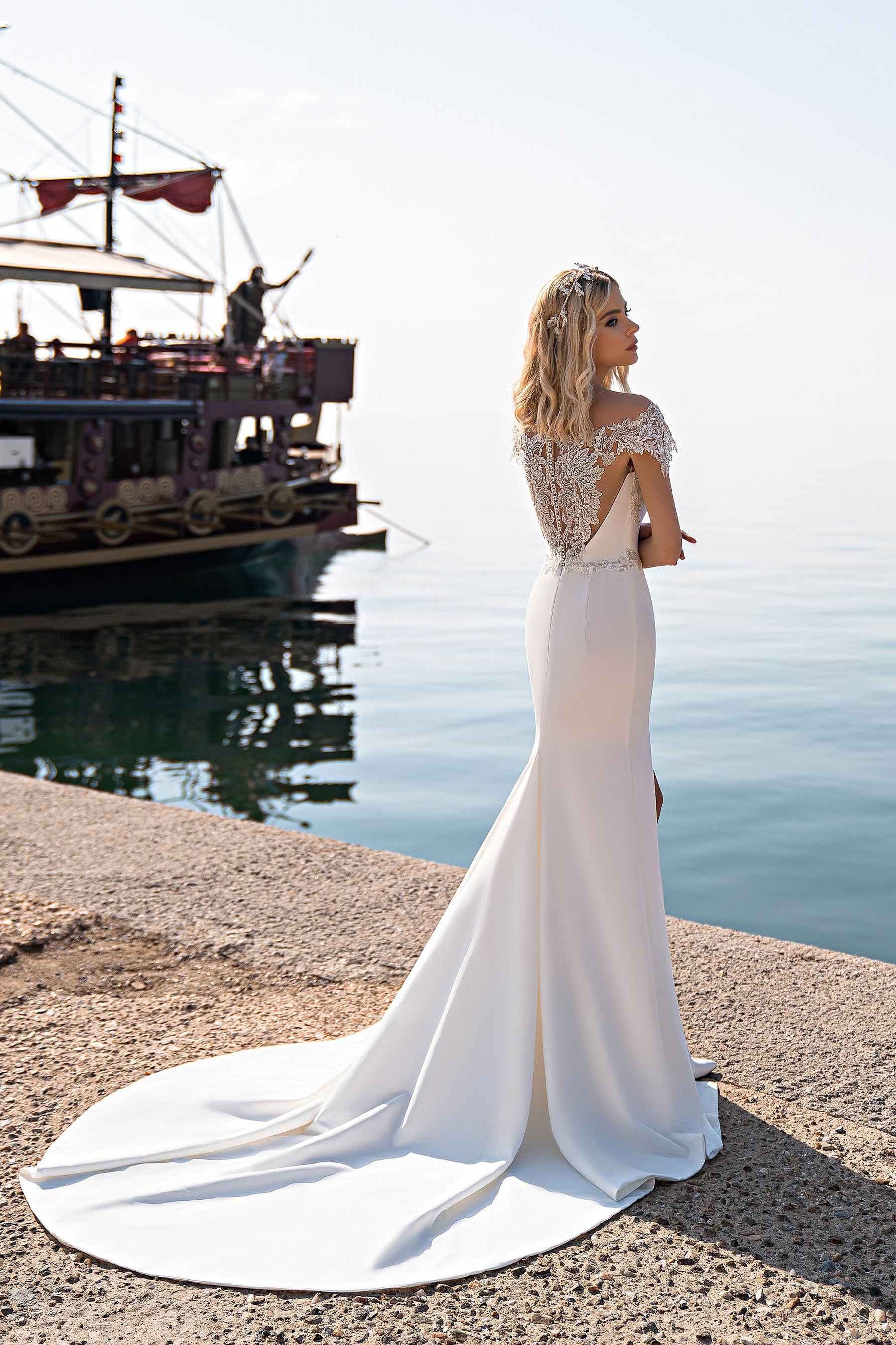 Mermaid Slit V-Neck Wedding Dress with Short Sleeves, Slit, and Beading Embellishment