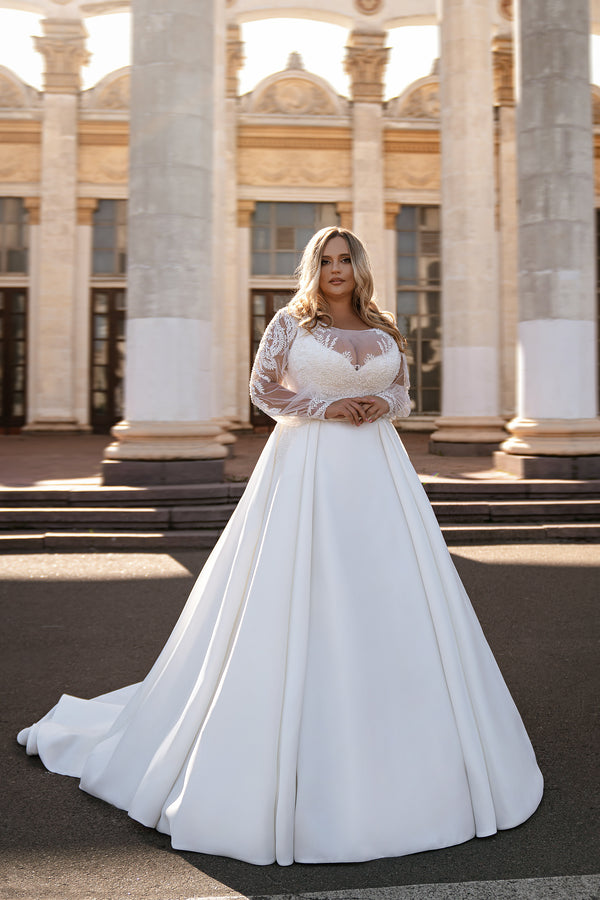 Minimalist Wedding Dress with Removable Bolero, Bateau Neckline, Embroidered Appliques & Textured Skirt with Pockets